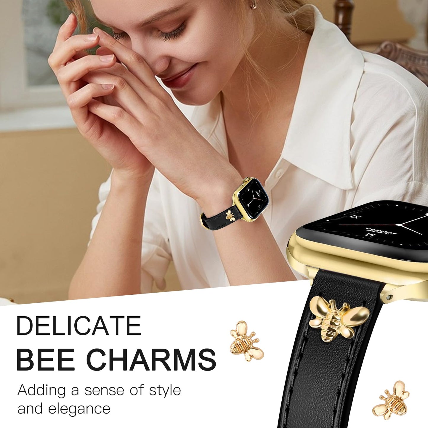 JR.DM Slim Leather Bands Compatible with Apple Watch Band 38mm 40mm 41mm 42mm 44mm 45mm 46mm 49mm, Genuine Leather Band with Charms, Feminine Design for Iwatch Ultra SE Series 11 10 9 8 7 6 5 4 3 2 1