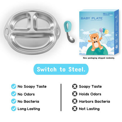 Mrs. Chou® BPA-Free 100% Food-Grade Stainless Steel Baby Plates with Suction Divided Designed for Babies and Toddlers, Ideal for Kids Infant Baby-Led Weaning Toddler Feeding Supplies Dishwasher Safe