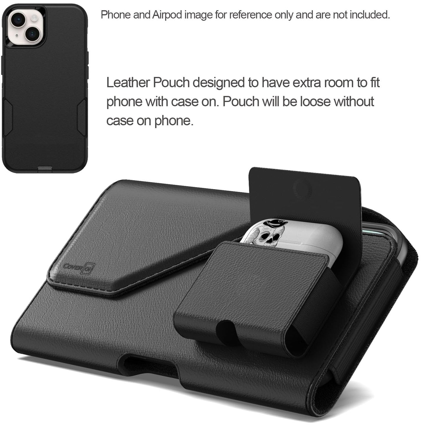 CoverON Holster with AirPods Holder for Apple iPhone 17e 17 Pro/ 16 16e 16 Pro /15 14 13 12 11 Pro/X Xr Xs Phone Case Belt Clip Earbuds Leather Pouch (Fits Otterbox or Any Case on)