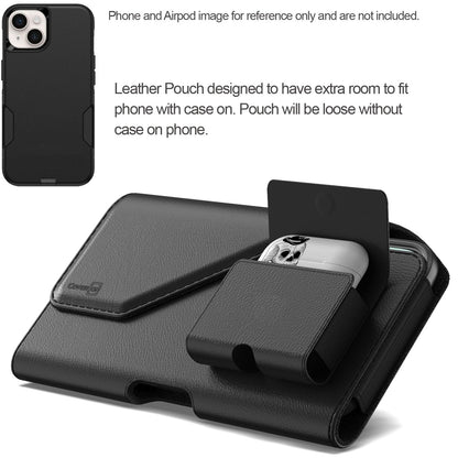 CoverON Holster with AirPods Holder for Apple iPhone 17e 17 Pro/ 16 16e 16 Pro /15 14 13 12 11 Pro/X Xr Xs Phone Case Belt Clip Earbuds Leather Pouch (Fits Otterbox or Any Case on)