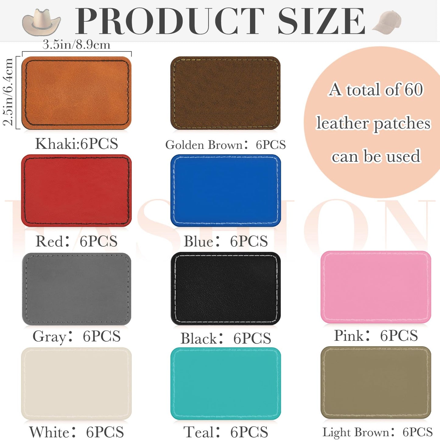 Dunzy 60 Pcs Leather Hat Patches Blank Leatherette Hat Patch with Adhesive Rectangle Laserable Leatherette Patch for Hats Custom Fabric Sew Laser Engraving DIY(Bright Colors,3.5 x 2.5 Inch)
