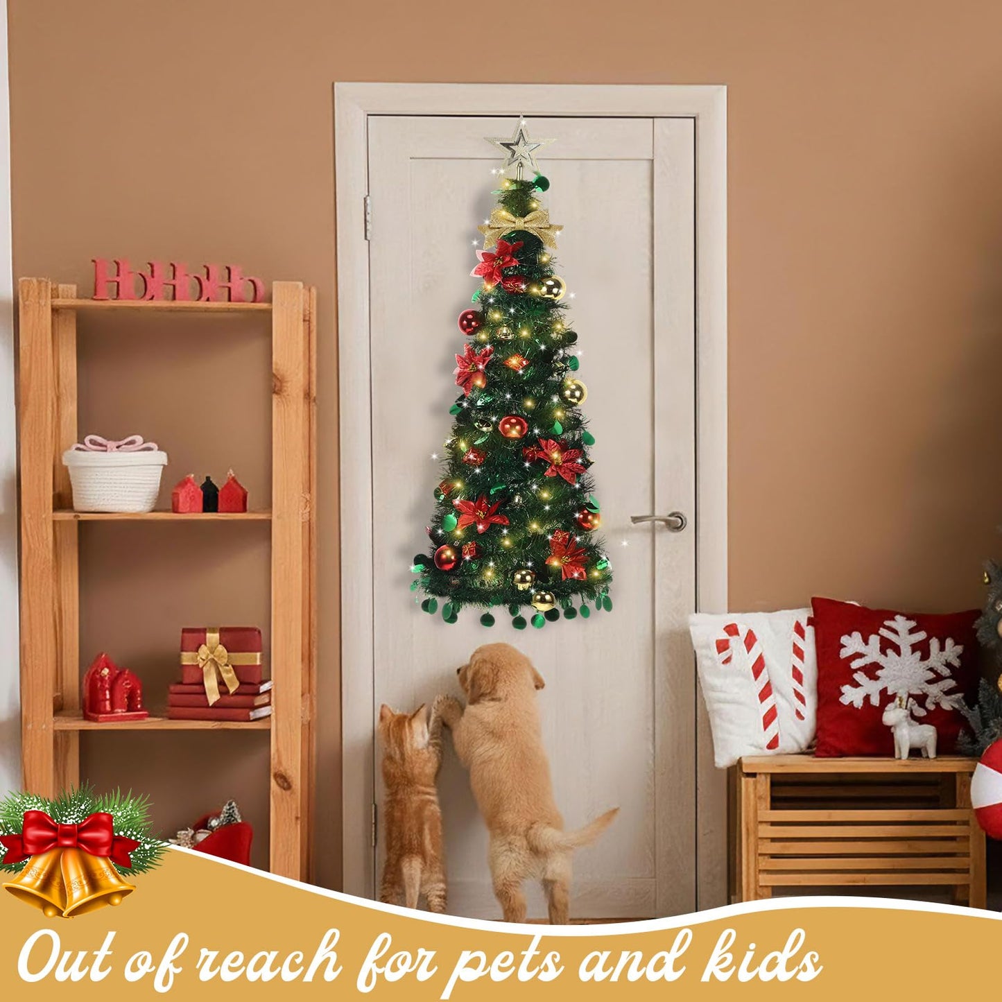 Suncalla Wall Christmas Tree with Lights 40inch, Artificial Wall Hanging Xmas Decoration with 50 LED String Lights, Saving-Space Door Hanging Xmas Tree Small Space Home School Office (Red Gold)