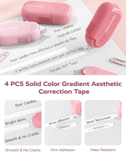Four Candies Pink School Supplies with Case, Gel Pens with Black Ink, Correction Tapes, Pastel Highlighters, Mechanical Pencils, Sticky Notes, Index Post for Bible Study Stationary College Essentials