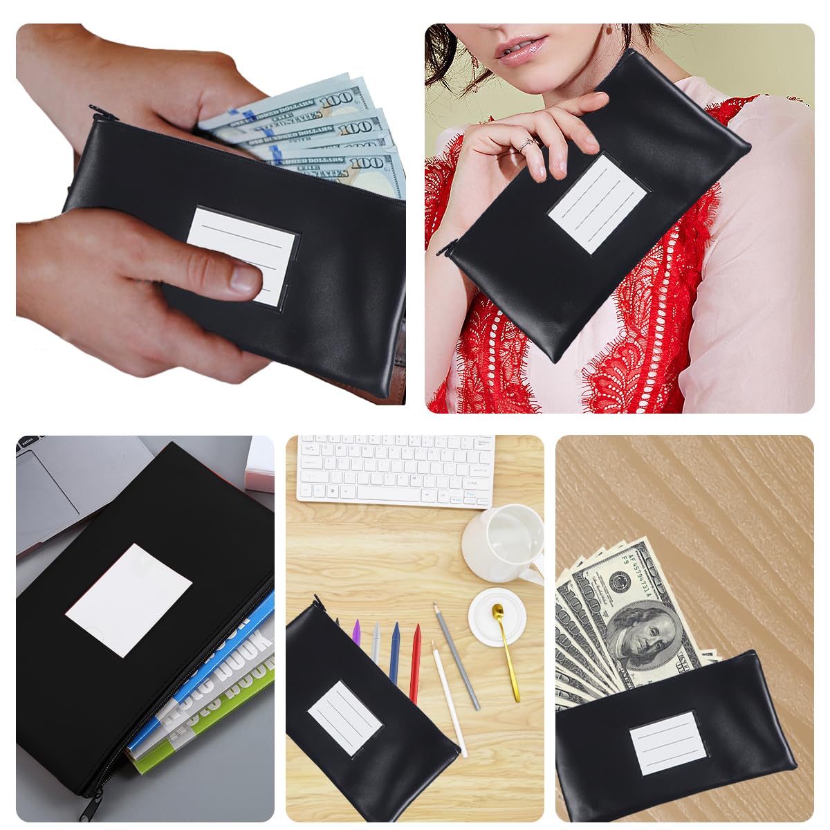 20 Pack Money Bank Bag With Zipper, 11 x 6 Inch Leatherette Security Bank Deposit Bags Black Money Pouch Cash Bag Wallet Bags with Clear Window for Cash, Coins, Bills, Tools, Receipt Organizer