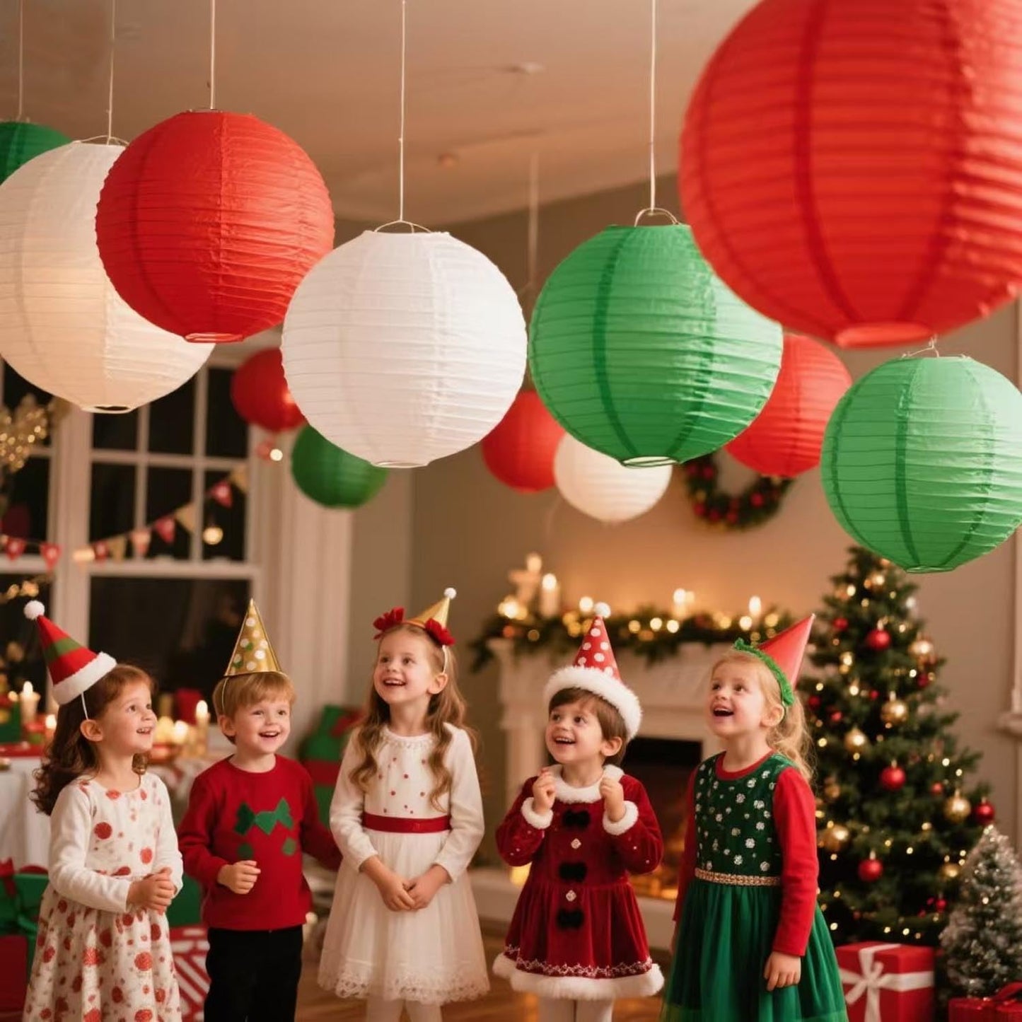 KUNYYI Red -White and Green Paper Lanterns 12Pcs Hanging Lanterns for Christmas Theme, Wedding, Birthday Party, Baby Shower Festive Decoration