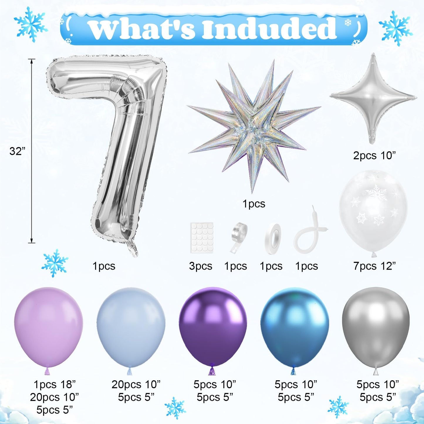 Snow 7th Birthday Decorations Girl, Snowflake Balloon Garland Arch Kit, Laser Explosion Star Balloons, Silver Number 7 Balloon Tower for Baby Shower Girls 7th Snow Theme Party Supplies