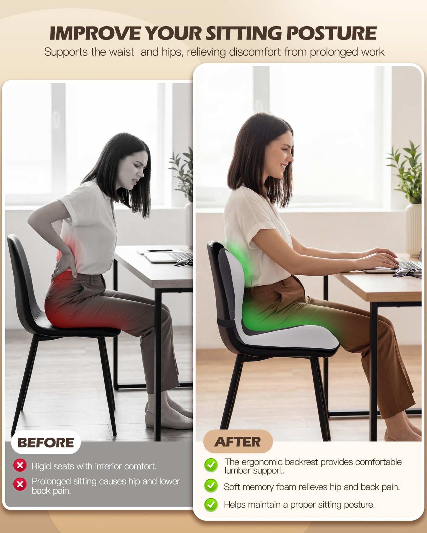 vdovsta Office Chair Cushion for Tailbone & Low Back Pain Relief, Car and Truck Seat Cushion, Comfortable Foam and High Backrest, Suitable for Office Chairs, Cars, Trucks, and Home Chairs