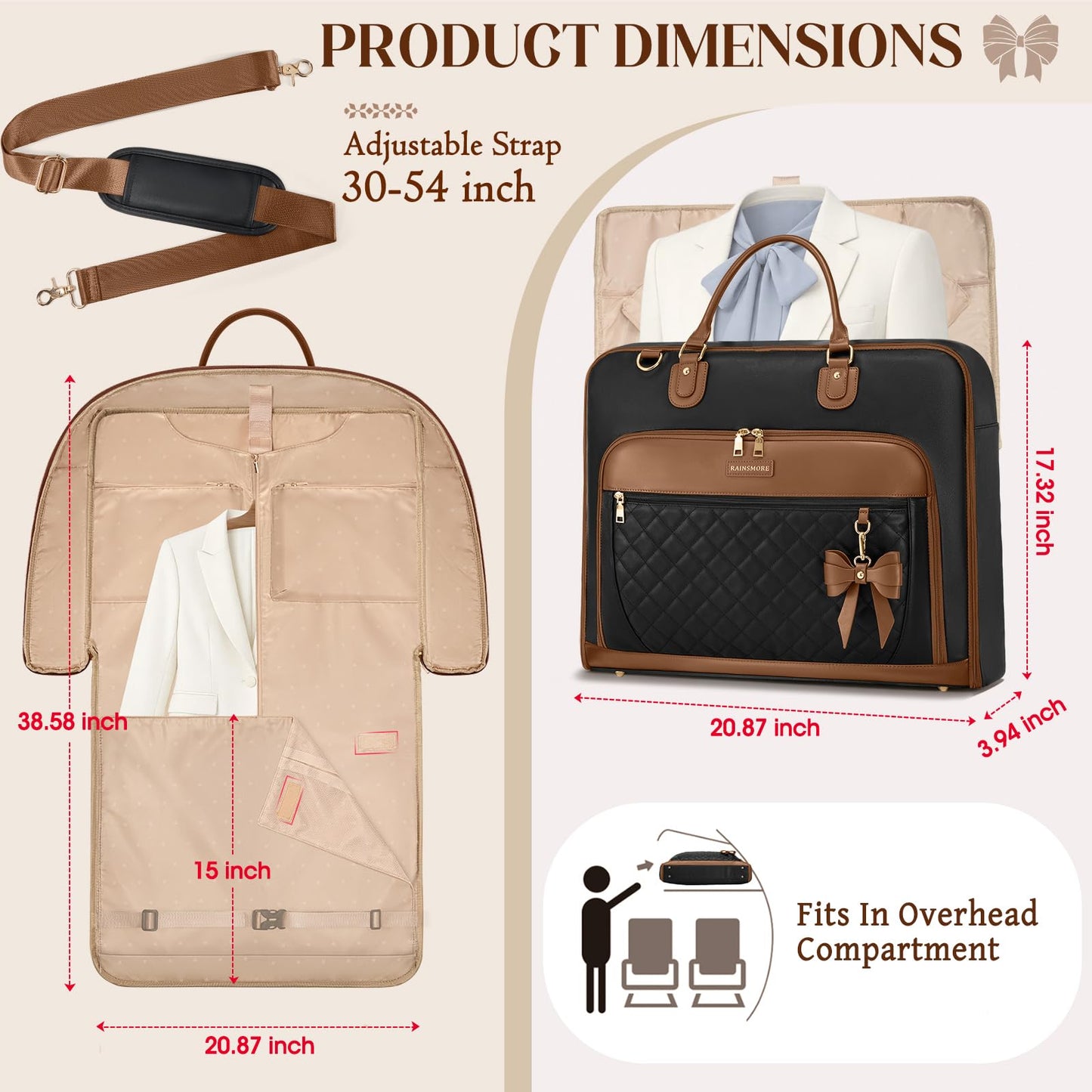 RAINSMORE Garment Bag for Travel Womens Hanging Suit & Dress Travel Bag Foldable Garment Duffle with Pockets & Strap, Carry On Compatible
