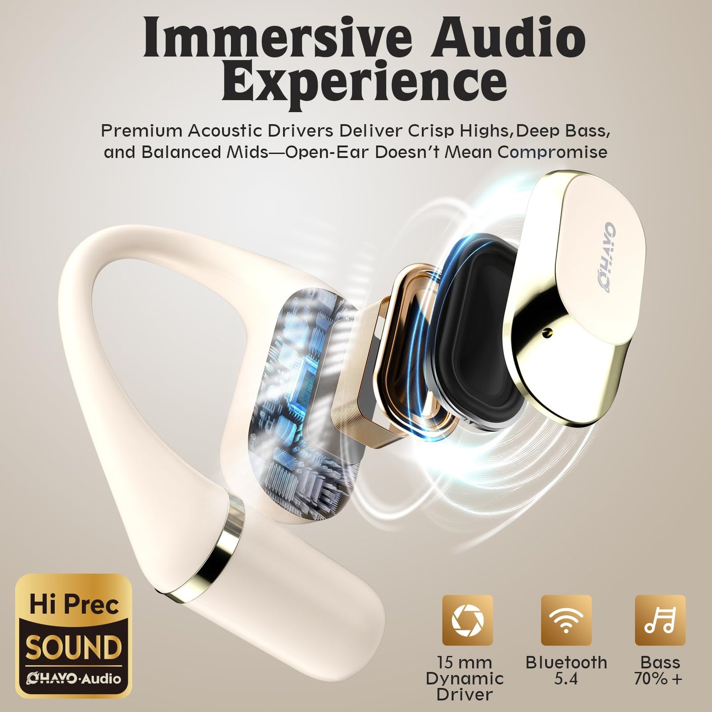 OHAYO Open Ear Headphones,Earbuds with Ergonomic Earhook,Bluetooth Headphones 5.4 with Smart Digital Display,40H Playtime,IPX6 Waterproof,Touch Control Earphones Fit Cycling,Running,Workout(Beige)