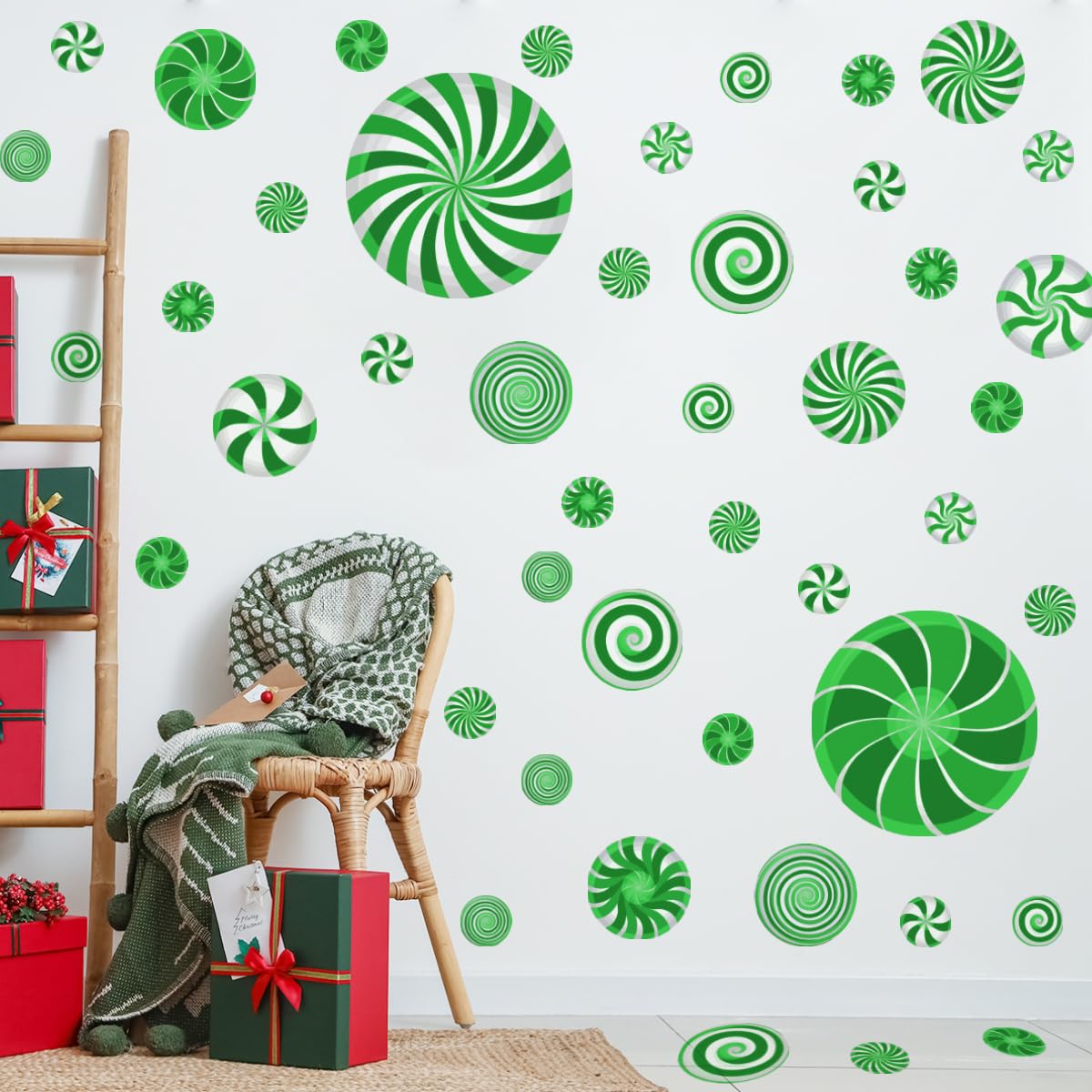 77 Pcs Christmas Candy Wall Decals Decorations Christmas Wall Stickers Green Peppermint Candy Floor Decals for Xmas Candyland Party Decorations