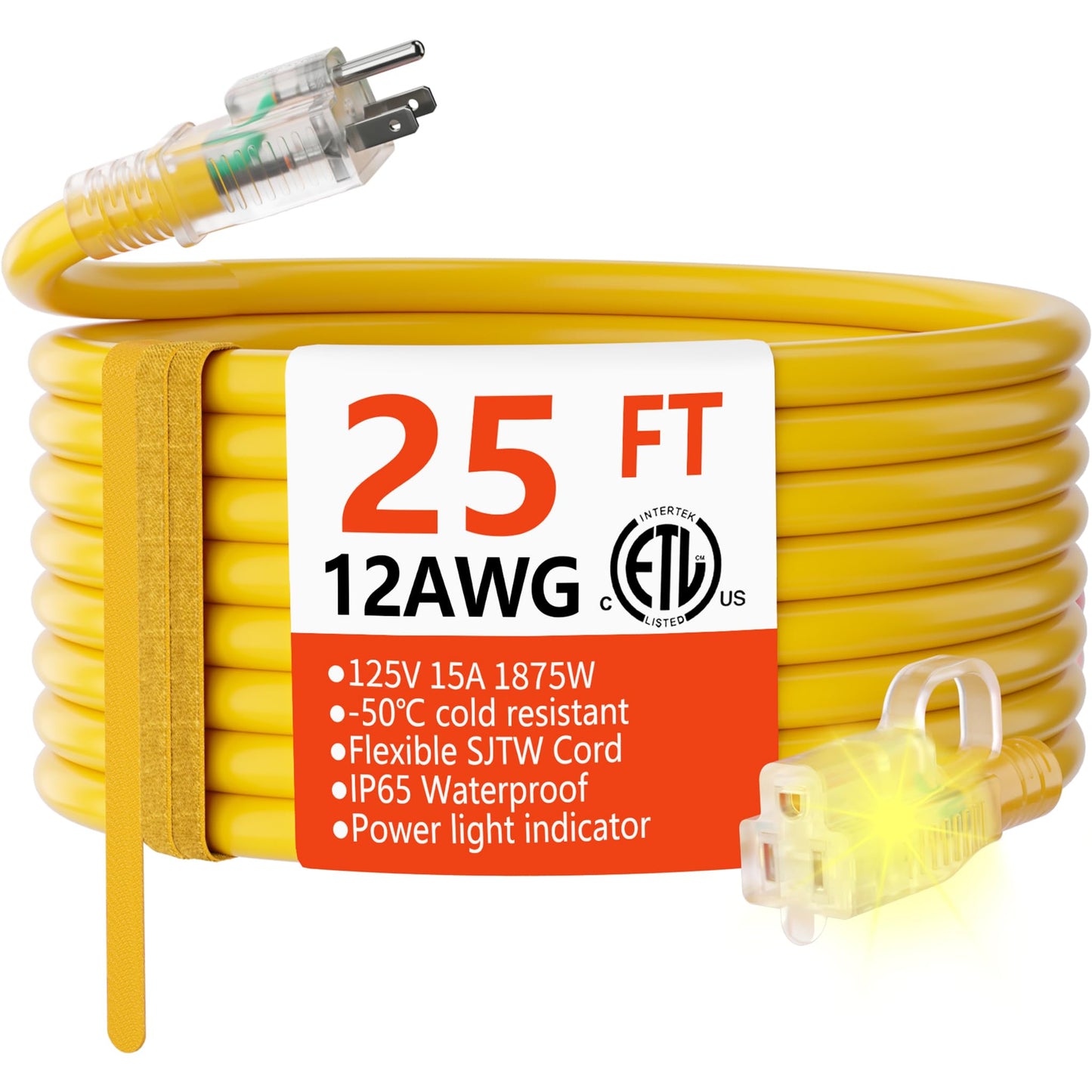 HUANCHAIN 12 Gauge Heavy Duty Outdoor Extension Cord 25 ft Waterproof with Lighted end, Flexible Cold-Resistant 3 Prong Electric Cord Outside, 15Amp 1875W 12AWG SJTW, Yellow, ETL