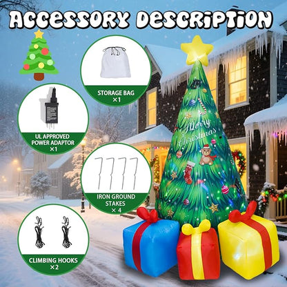 Dearsun 8ft Tall Inflatable Christmas Tree with Rotating LED Lights, Outdoor/Indoor Blow Up Xmas Tree with 3 Gift Boxes, Waterproof Holiday Decor for Yard, Lawn, Party