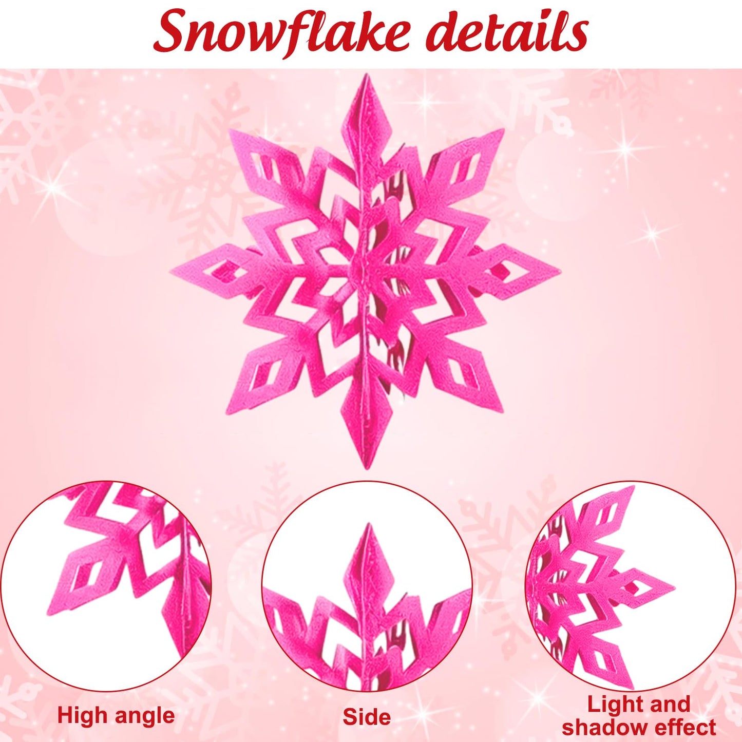 Whaline 30Pcs Christmas Hanging Decorations Large 3D Pink Silver Snowflake Paper Pendant Ornament with String Silver Snowflake Garland for Xmas Winter Wonderland Party Home Ceiling