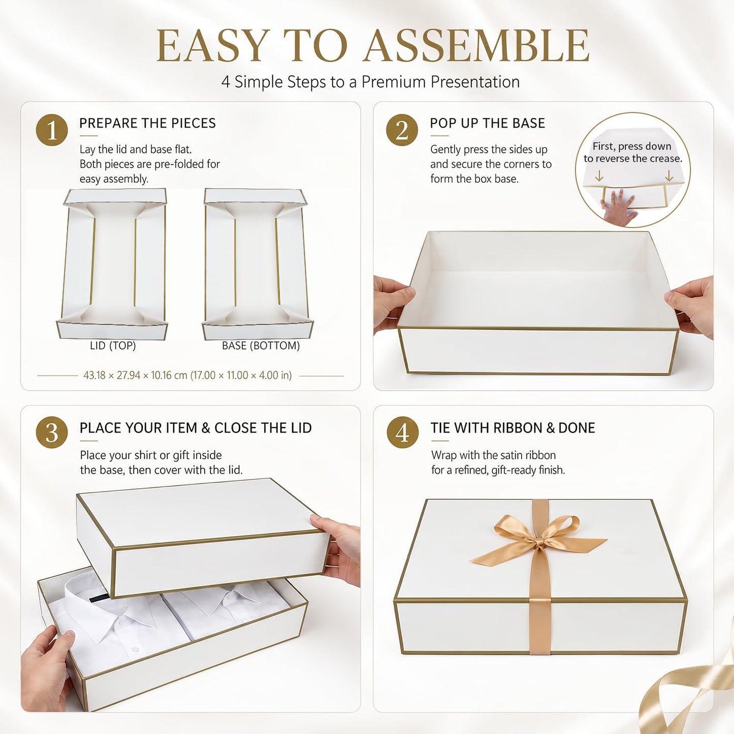 Joyvera 12 Pack Large Shirt Boxes with Lids, 17 x 11 x 4 Inch White Gift Boxes with Gold Ribbon for Clothing, Sweaters, Robes, Bridesmaid, Wedding, Birthday, Christmas