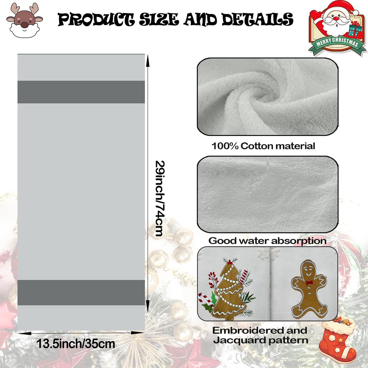 2 Pack Christmas Gingerbread Hand Towels 100% Cotton Jacquard Snowflake Embroidered Candy holiday Kitchen dish Towels Retro Neutral Beige Bathroom Towels Set gift Seasonal Xmas Winter Bathroom Decor