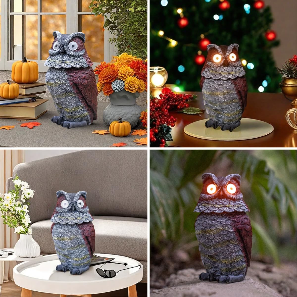 Jy.Cozy Garden Solar Owl Decoy Statue Outdoor Figurine Light Decor Glowing Eyes Spring Mounted Wobblying Head Resin Sculpture Decoration for Home Porch Patio Lawn Farm Yard Housewarming Ornament Gift