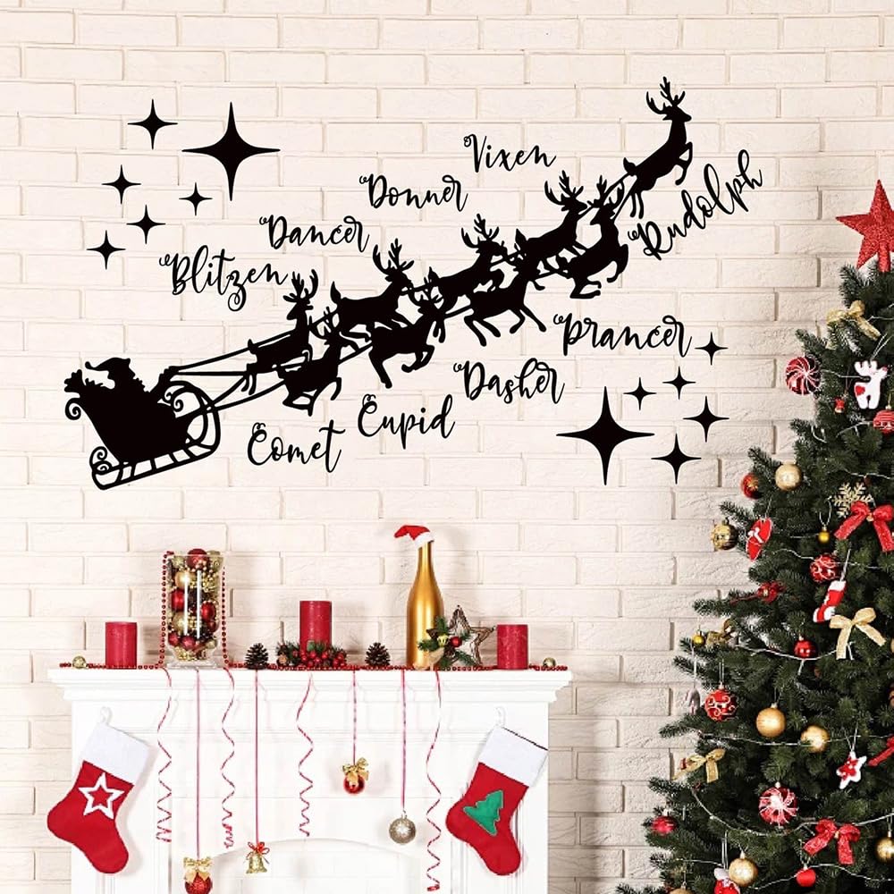 Christmas Wall Decal with Santa's Sleigh and Reindeer Names, 22.5 x 15.2 inches, Holiday Home Decoration (Black) MC054