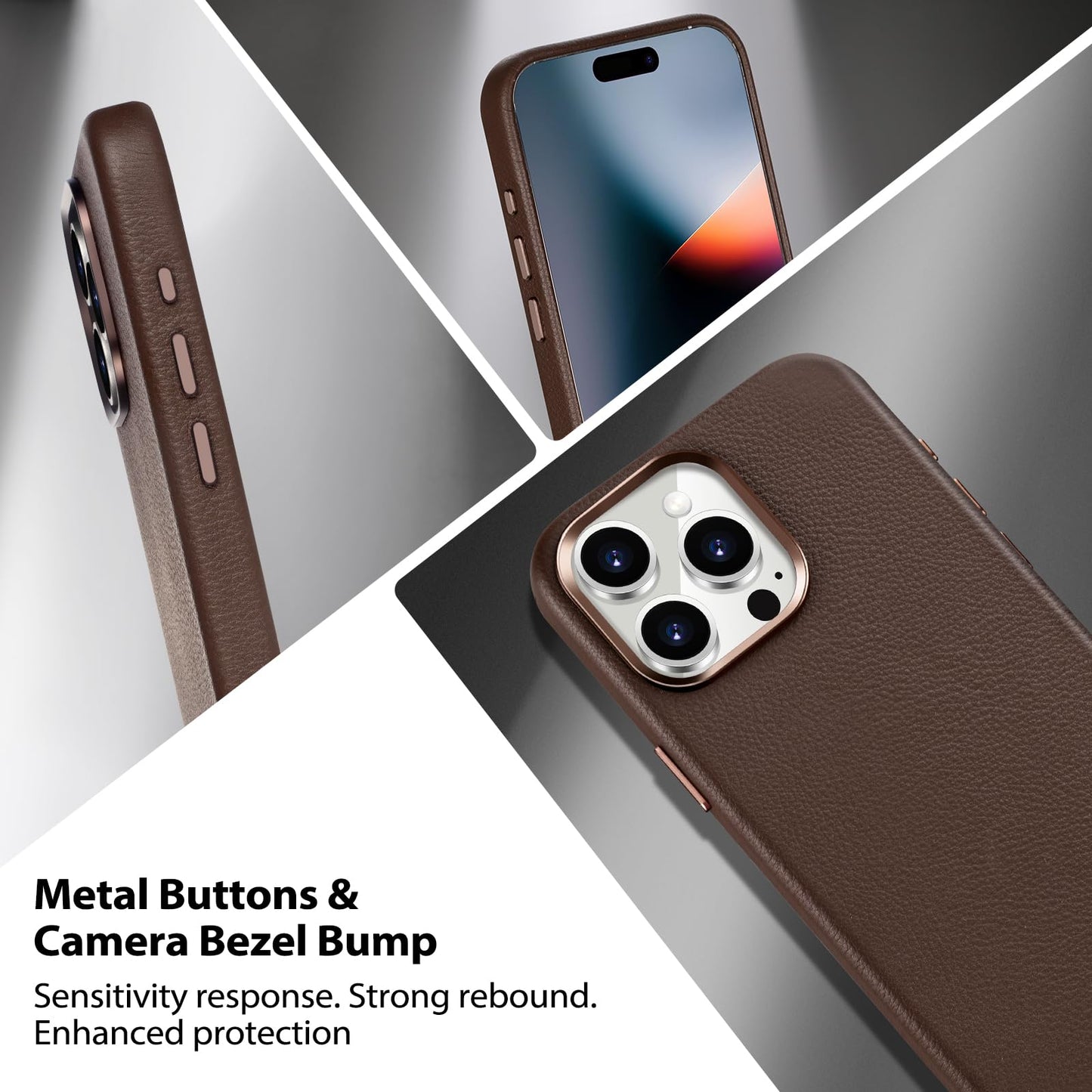 Belemay Compatible with iPhone 15 Pro Max Leather Case, Compatible with MagSafe - Luxury Tumbled Leather - Metal Buttons & Lens Protector - Slim Fit&Durable - Distinctive Texture (6.7-inch) - Brown
