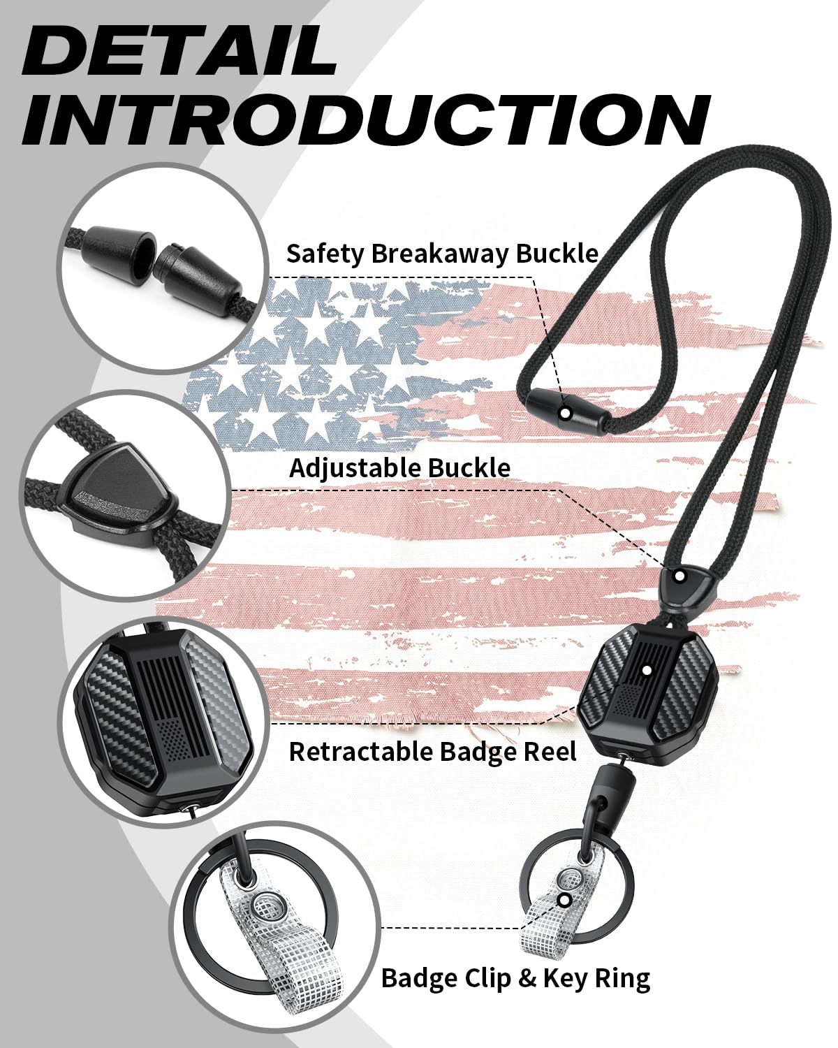 LIUGX Carbon Fiber Badge Holder with Retractable Breakaway Lanyard, American Flag, Badge Reel with Heavy Duty ID Card Holder (Holds 6 Cards) with 20" Retractable Cord, Keychain, 4.2 oz, Black