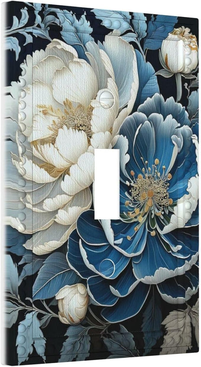 White Blue Flower Peonies Light Switch Covers 1 Gang Single Toggle Wall Plate Decorative Switchcover Electrical Switchplate for Country Living Decor