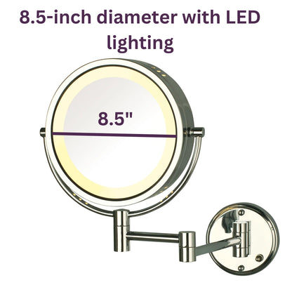 JERDON Wall-Mounted Makeup Mirror with LED Lighting - Direct Wire Lighted Makeup Mirror with 8X Magnification & Nickel Finish Wall Mount - Model HL75ND