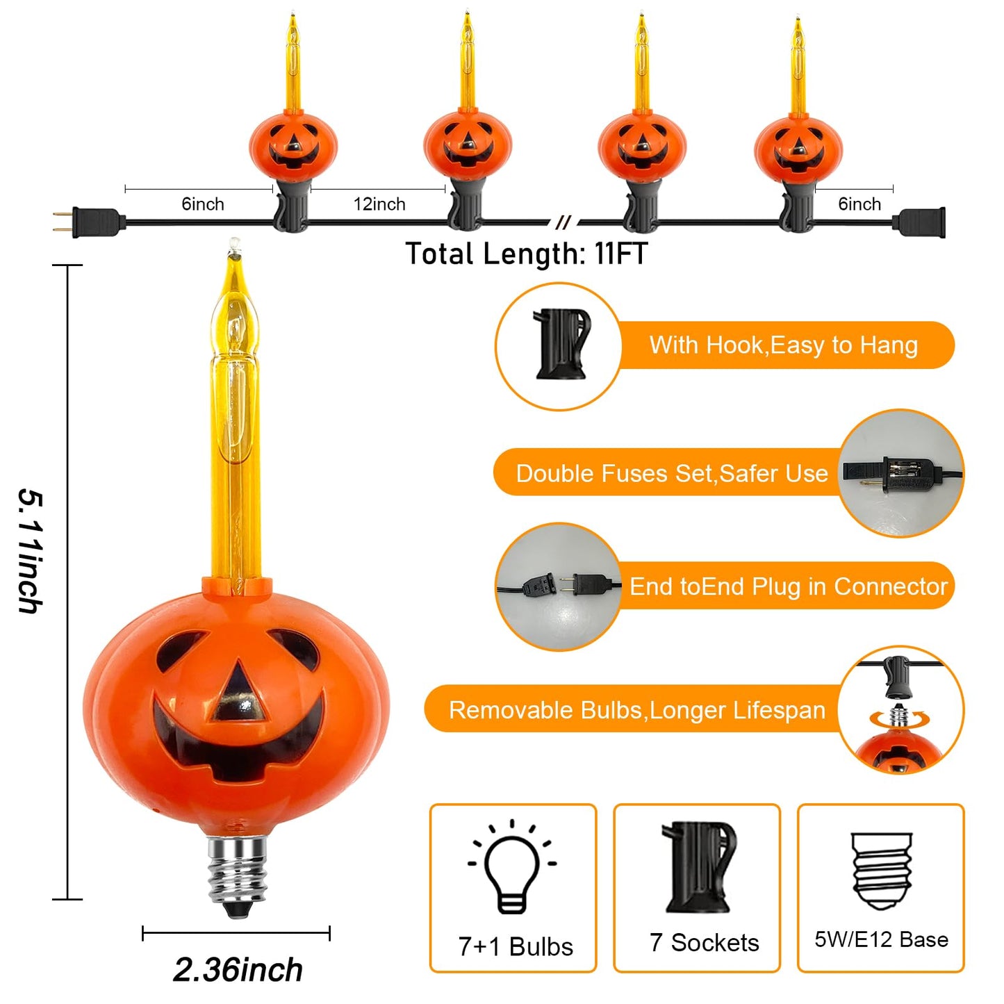 GOOTHY Halloween Pumpkin Bubble Lights, 11Ft Outdoor Halloween Decorations String Light with 8 Jack O' Lantern Pumpkin Bubble Lights for Outdoor Christmas Tree Party