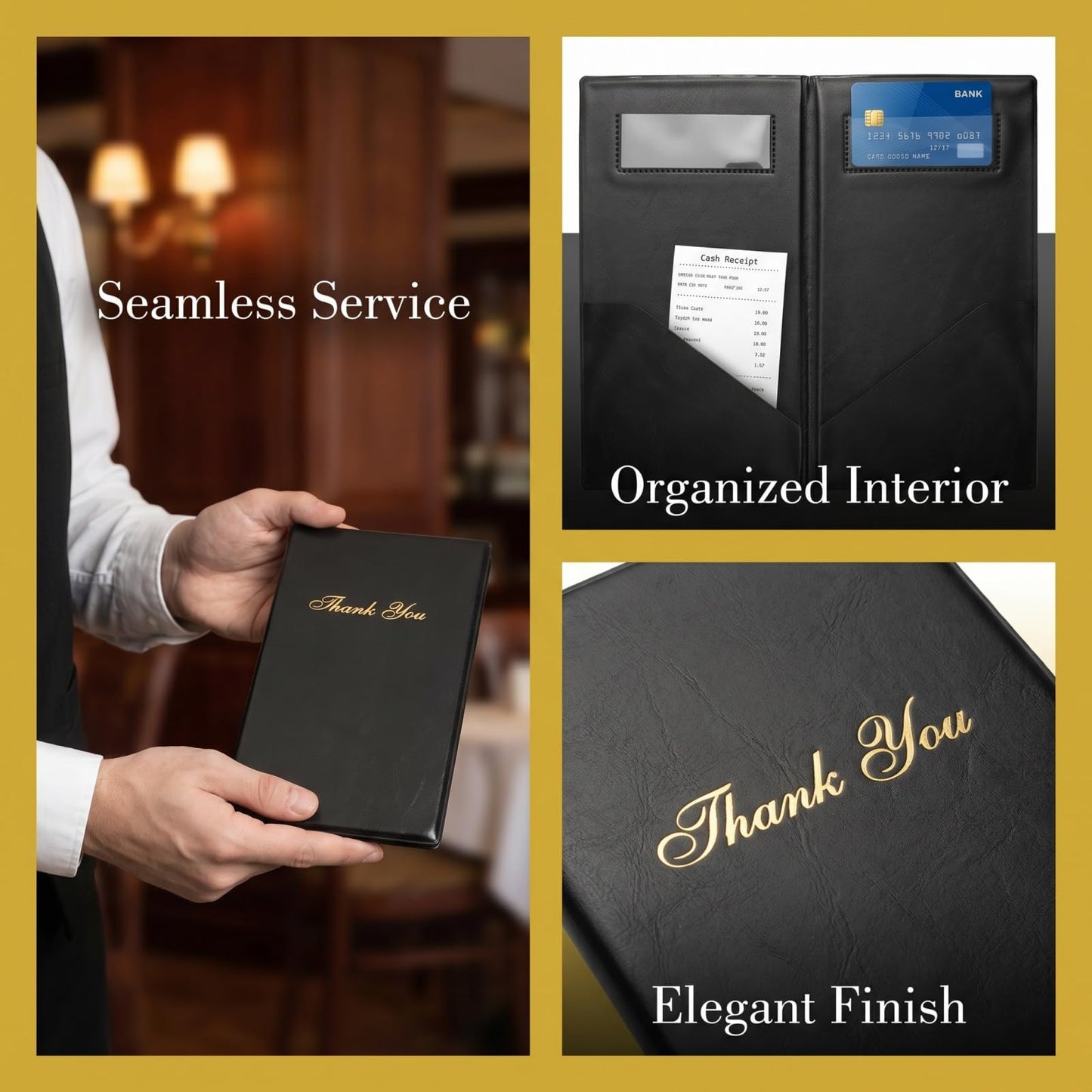 Lyellfe 12 Pack Restaurant Check Presenters, Guest Check Card Holder, PVC Leather Check Presenters for Servers, Black with Gold Thank You Imprint, Ideal for Restaurants, Cafe Bar Eatery
