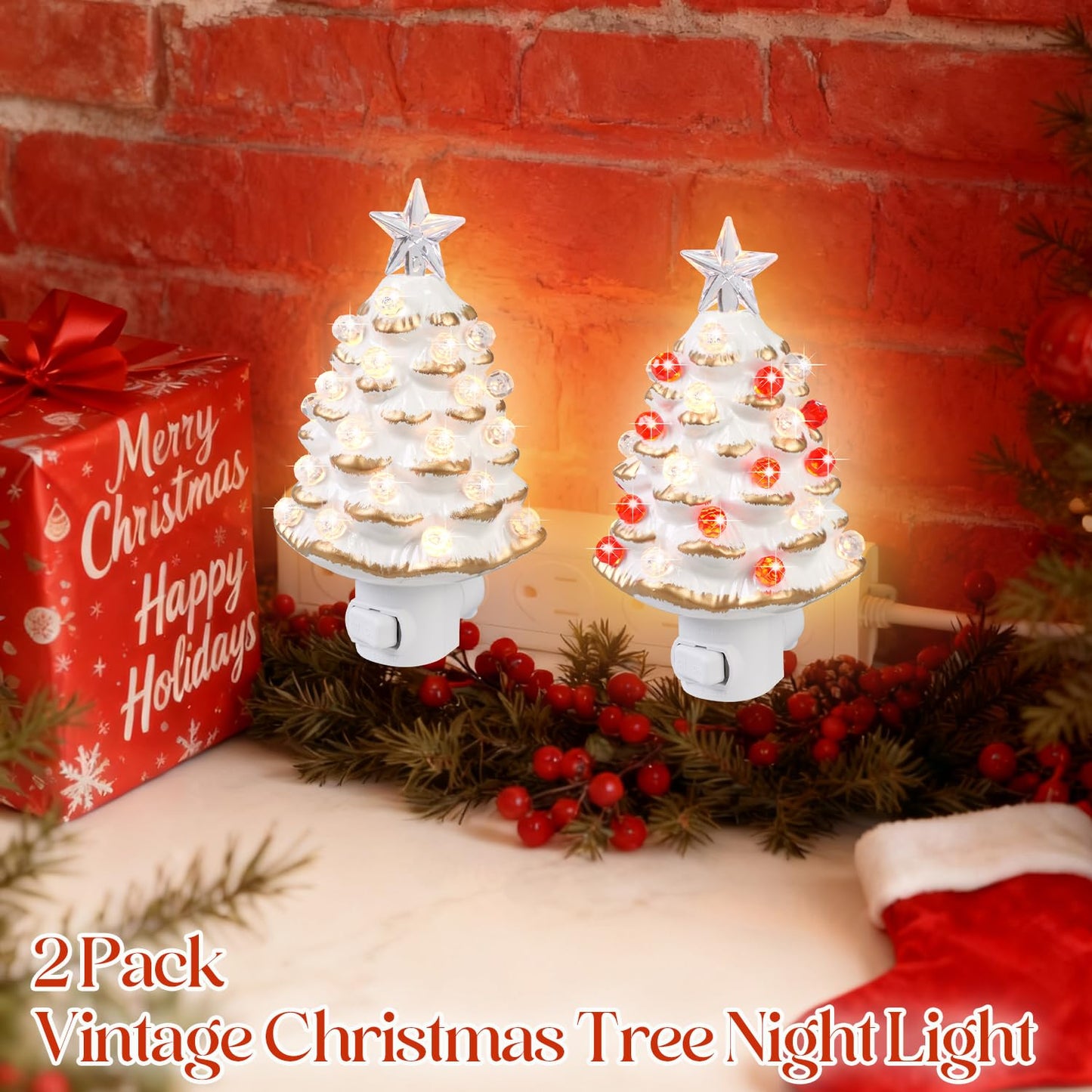 JOVYNX Valentines Day Gifts Ceramic Valentines Tree Night Light Plug in - 2 Pack 6.3" Christmas Nightlight with 360°Rotatable Plug,Nostalgic Christmas Night Lights for Bathroom Bedroom Living Room