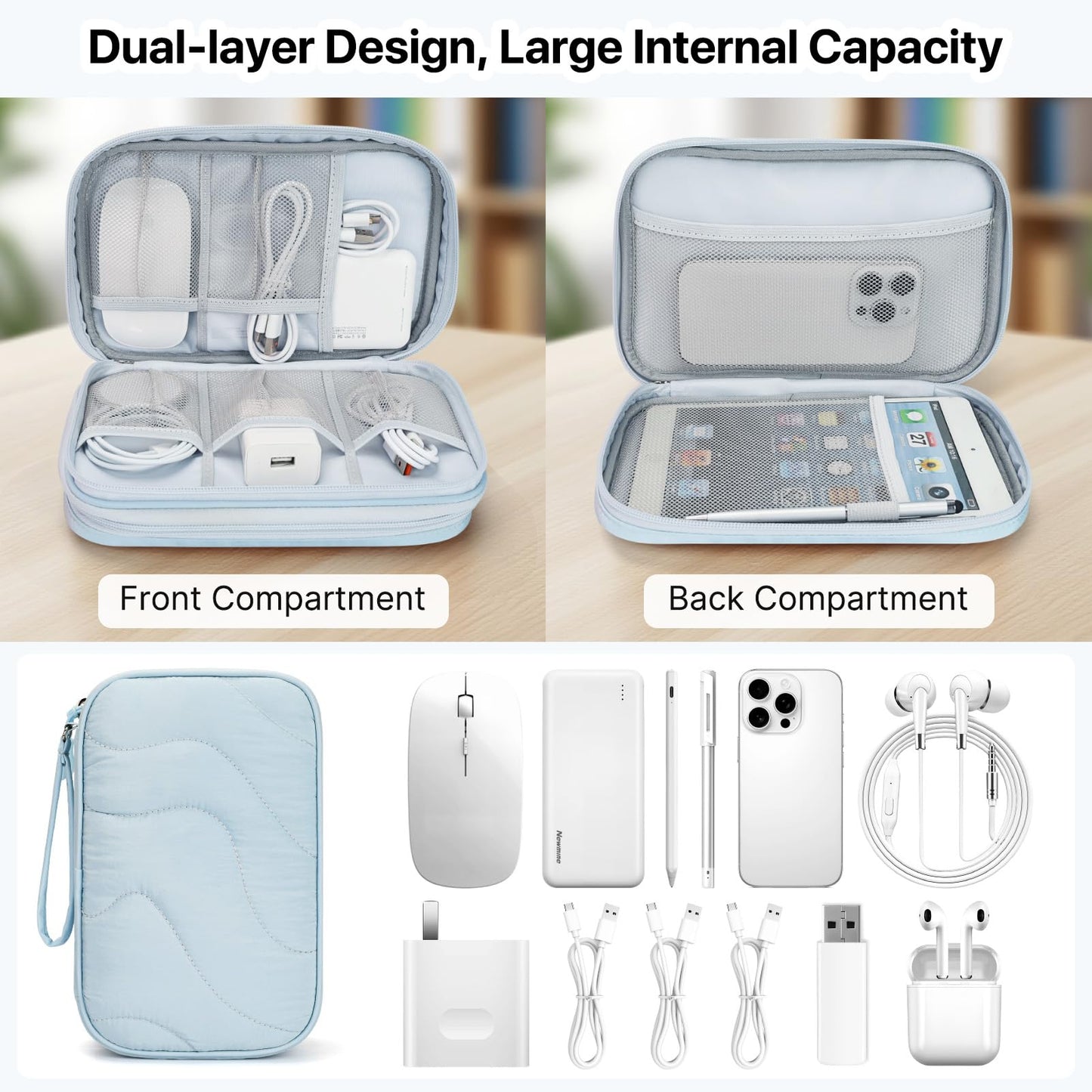 Skycase Tech Pouch - Lightweight Electronics Organizer Travel Case - Double Layers Cable Organizer - All-in-One Storage Bag for Charger, Cord, Phone, Flash Drive, Essentials - XL