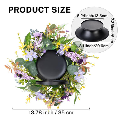 MOYEE Summer Centerpieces for Tables Candle Ring, Black Metal Candlestick with an Artificial Wreaths 14 in Versatile Dining Table Centrepiece (Purple Foam Flower Wreath)