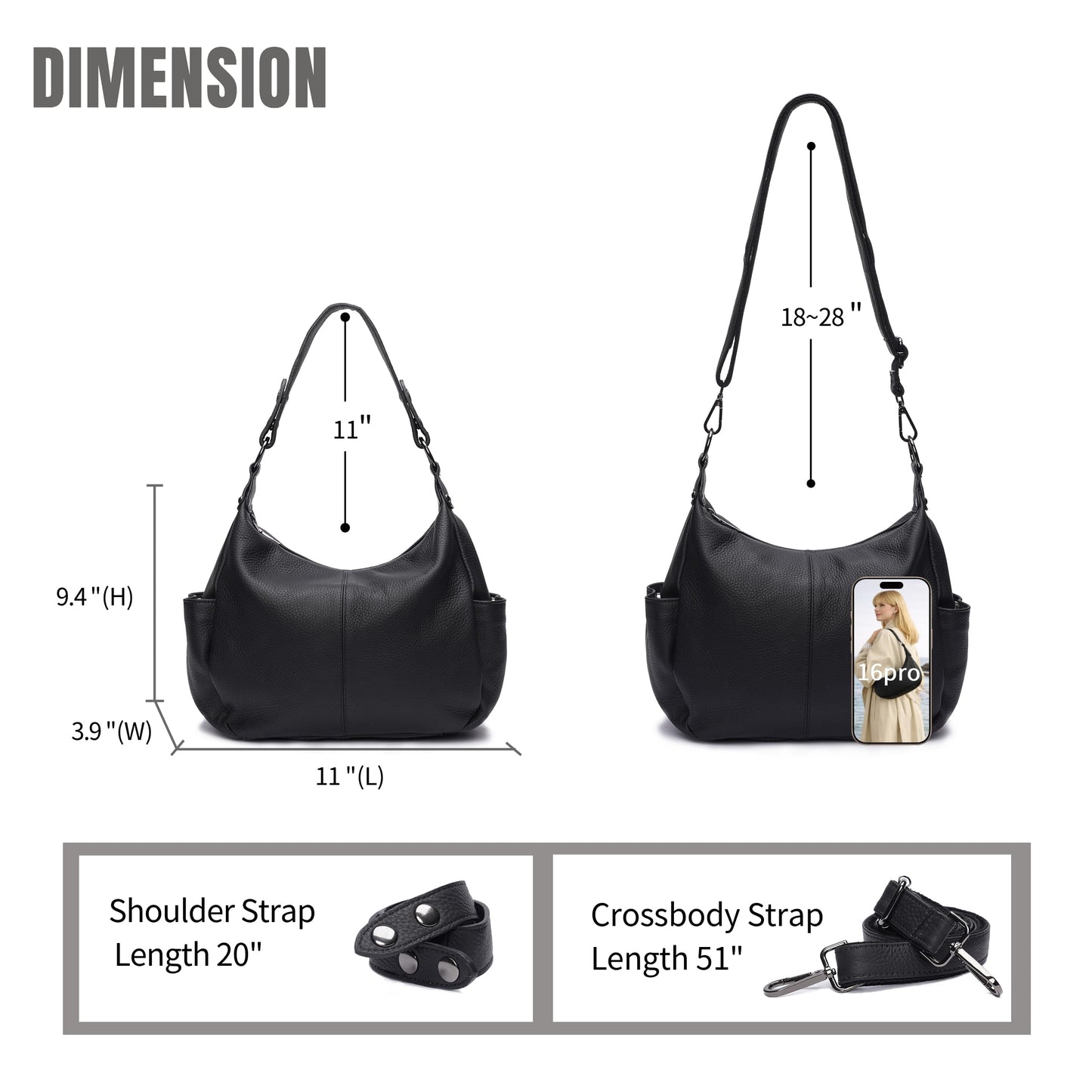 Genuine Leather Purses for Women Black Hobo Bag Work & Casual Crossbody Handbag with Two Adjustable Straps