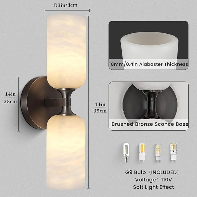 Alabaster Wall Sconce, 14in Modern Spanish Natural Marble Bathroom Vanity Sconces, Unique Indoor Black Wall Lighting Fixtures Decor for Bedroom Living Room Staircases