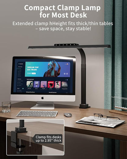 LED Desk Lamps for Home Office, 24W Bright Eye-Caring Light with Clamp, Stepless Dimming Adjustable Flexible Gooseneck Clip on Desk Office Lamp with Adapter for Reading, Study, Workbench,Black