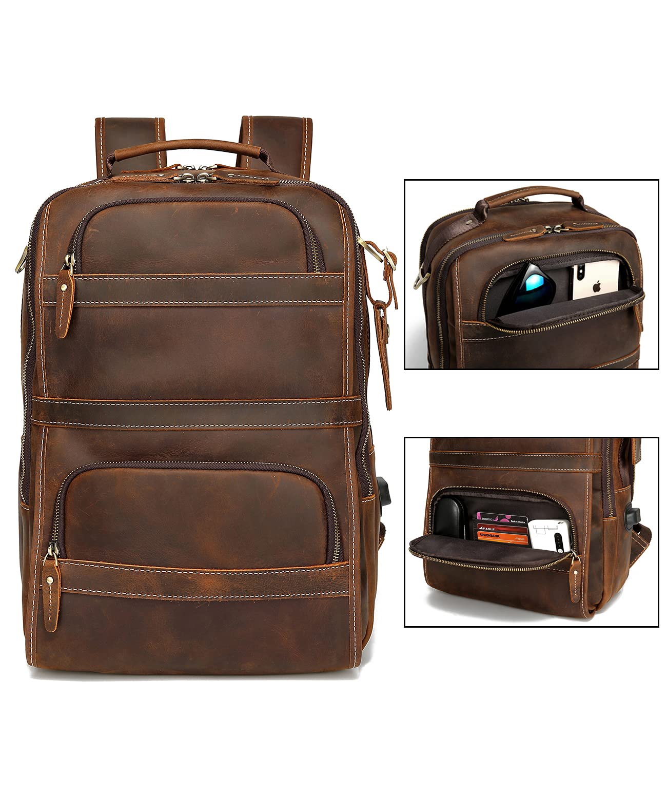 LANNSYNE Vintage Genuine Leather Backpack For Men 15.6 Inch Laptop Bag Overnight Weekender Camping Daypack Rucksack