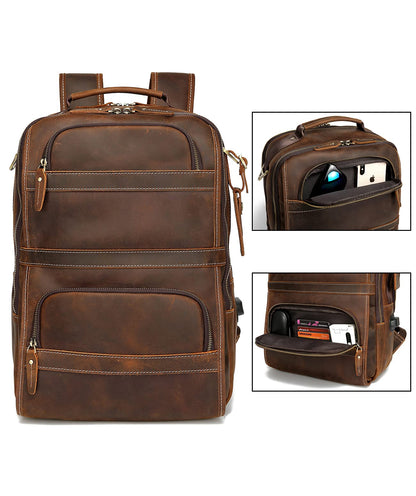 LANNSYNE Vintage Genuine Leather Backpack For Men 15.6 Inch Laptop Bag Overnight Weekender Camping Daypack Rucksack