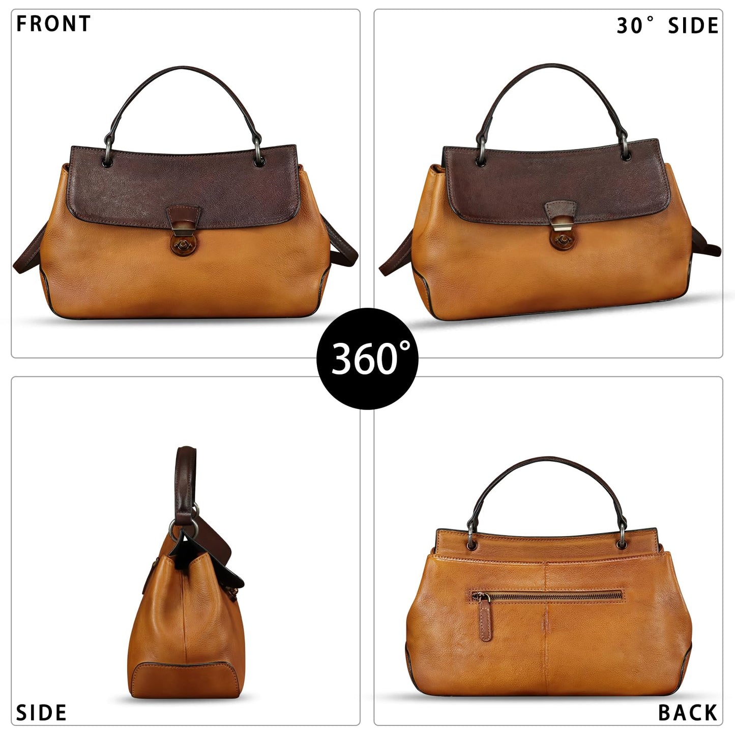 Genuine Leather Satchel for Women Vintage Leather Handbag Top Handle Bags Handmade Retro Purse Crossbody Bag (Brown+Coffee Flap)