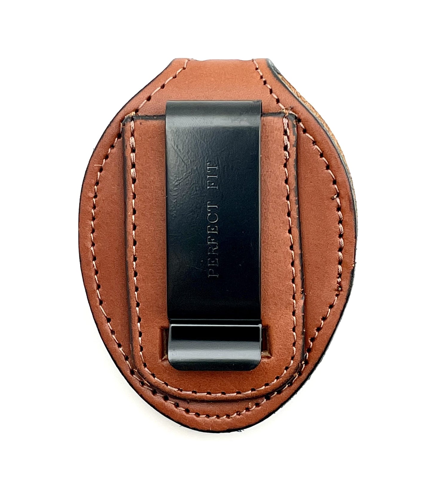 Perfect Fit Universal Oval Police Badge Holder Shield with Metal Belt Clip and Bead Chain Necklace, Hook and Loop Closure, Tan Leather