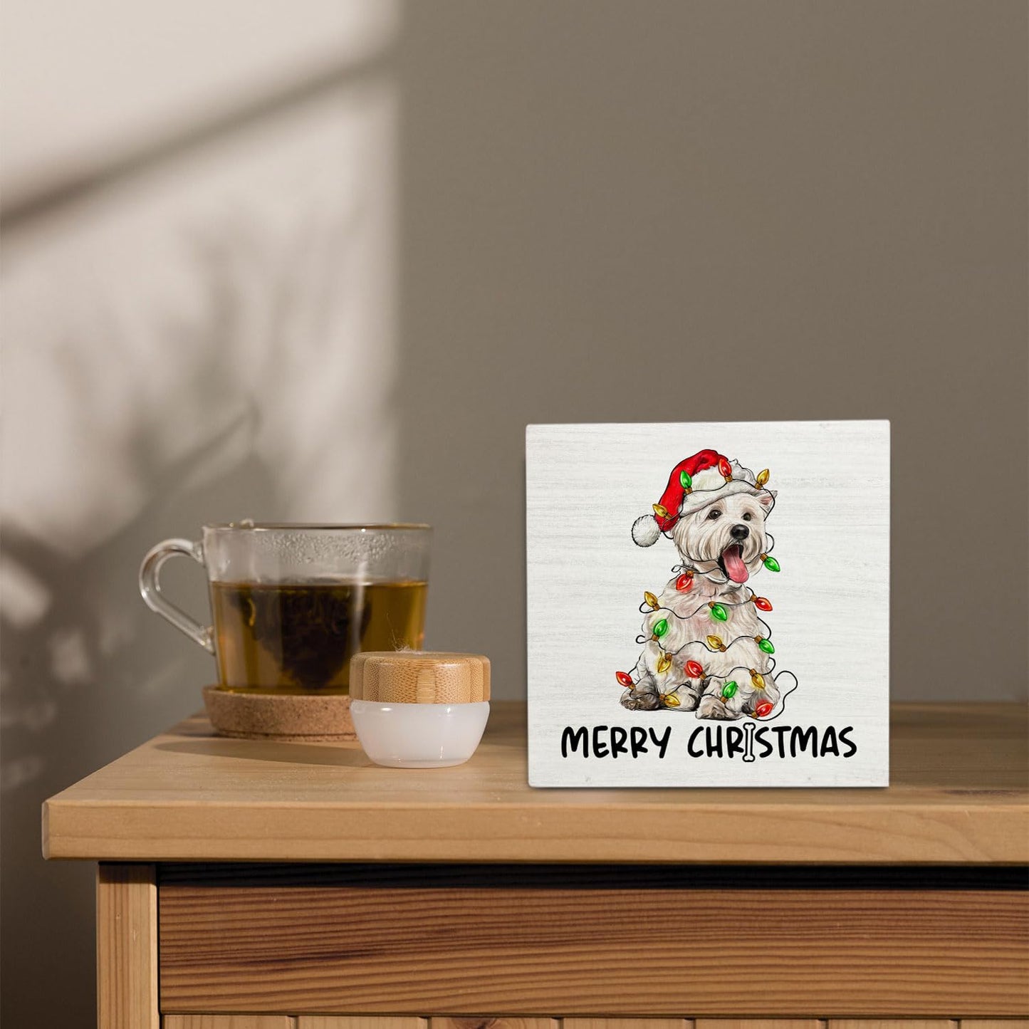 OVAcational West Highland White Terrier Christmas Wooden Box Sign Desk Decor, Westie Dog Lover Gifts, Christmas Dog Wood Block Sign for Home Office Desk Table Shelf Wall Decorations, 5x5 Inch