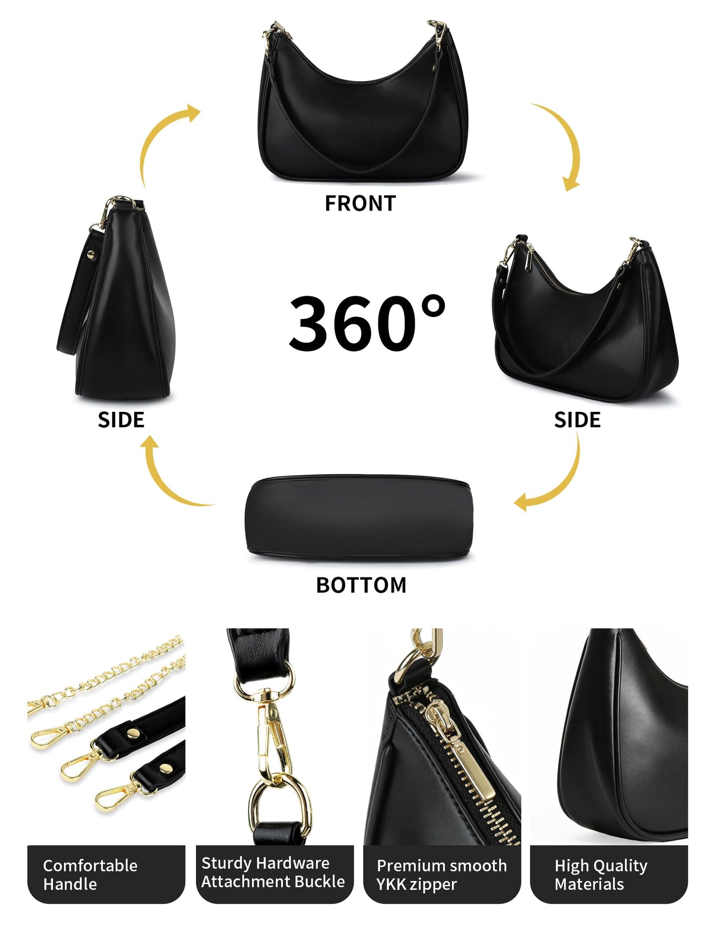 Mivorica Small Shoulder Bag for Women - Trendy mini Crescent Purse & Handbag with Detachable Chain Strap - Cute Mini Hobo Clutch for Travel & Party, Classic Black Faux Leather