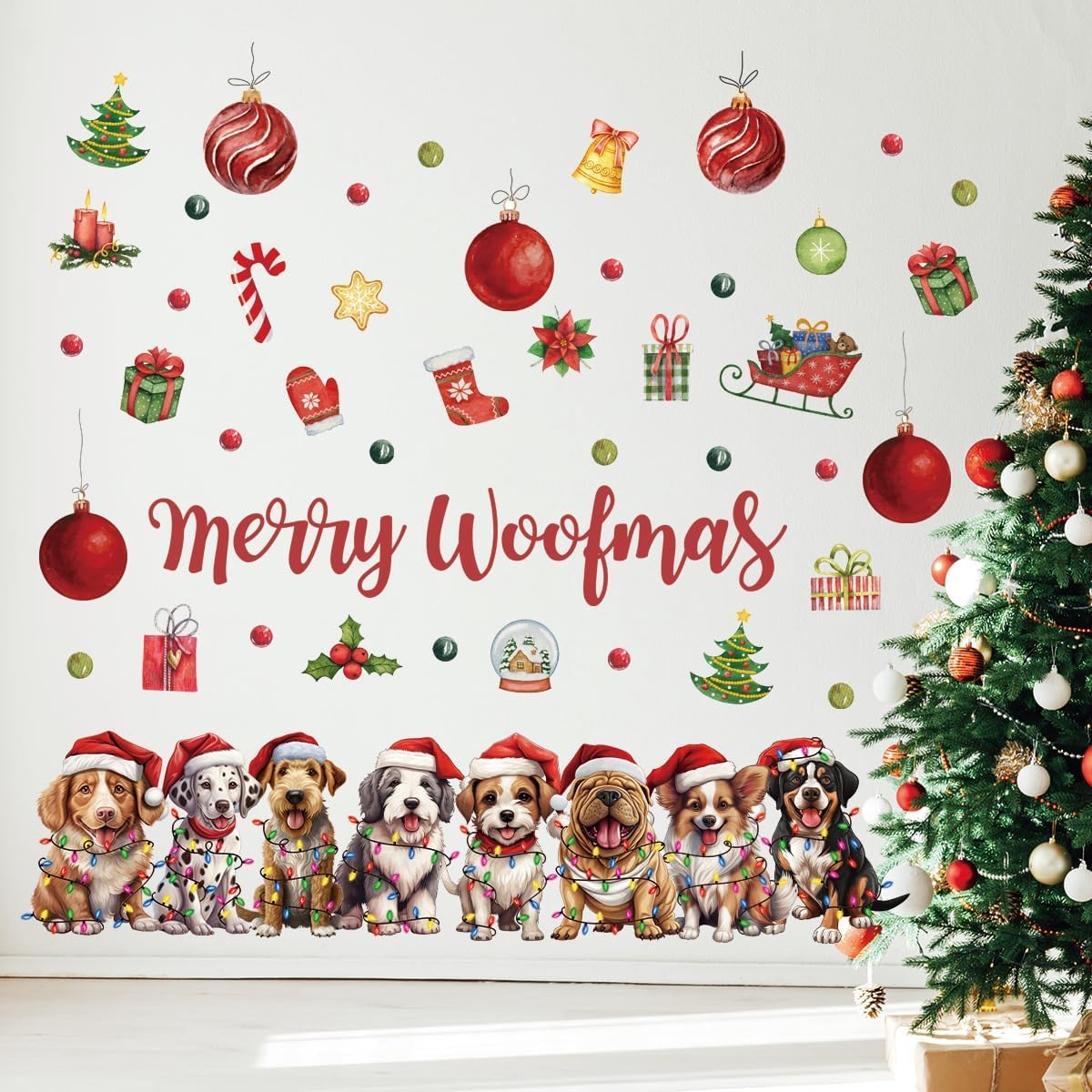 Denylo pro Christmas Dog Wall Decal Merry Christmas Wall Sticker Removable Christmas Wall Decals Decor for Winter Christmas Holiday Party Supplies Home Window Decor