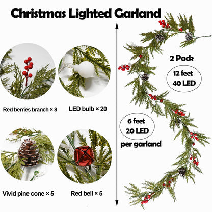 Christmas Garland 12FT 40 LED Bulbs Cypress Pine Garland with Lights Battery Operated with Bells Red Berries Pinecones Green Garlands Decoration for Xmas Holiday Thanksgiving New Year Home Decor