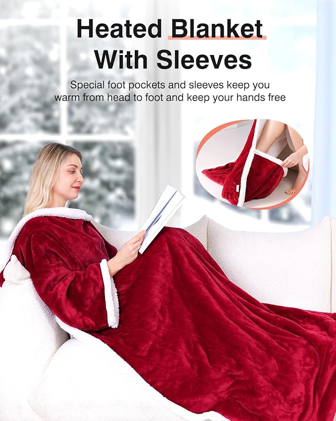 Wearable Heated Blanket with Sleeves, Electric Heated Blanket for Gifts, Electric Throw Wrap Poncho Shawl with Pockets, 6 Heating Levels & 4 Hours Time Settings, 50 x 70 Inch (Red)