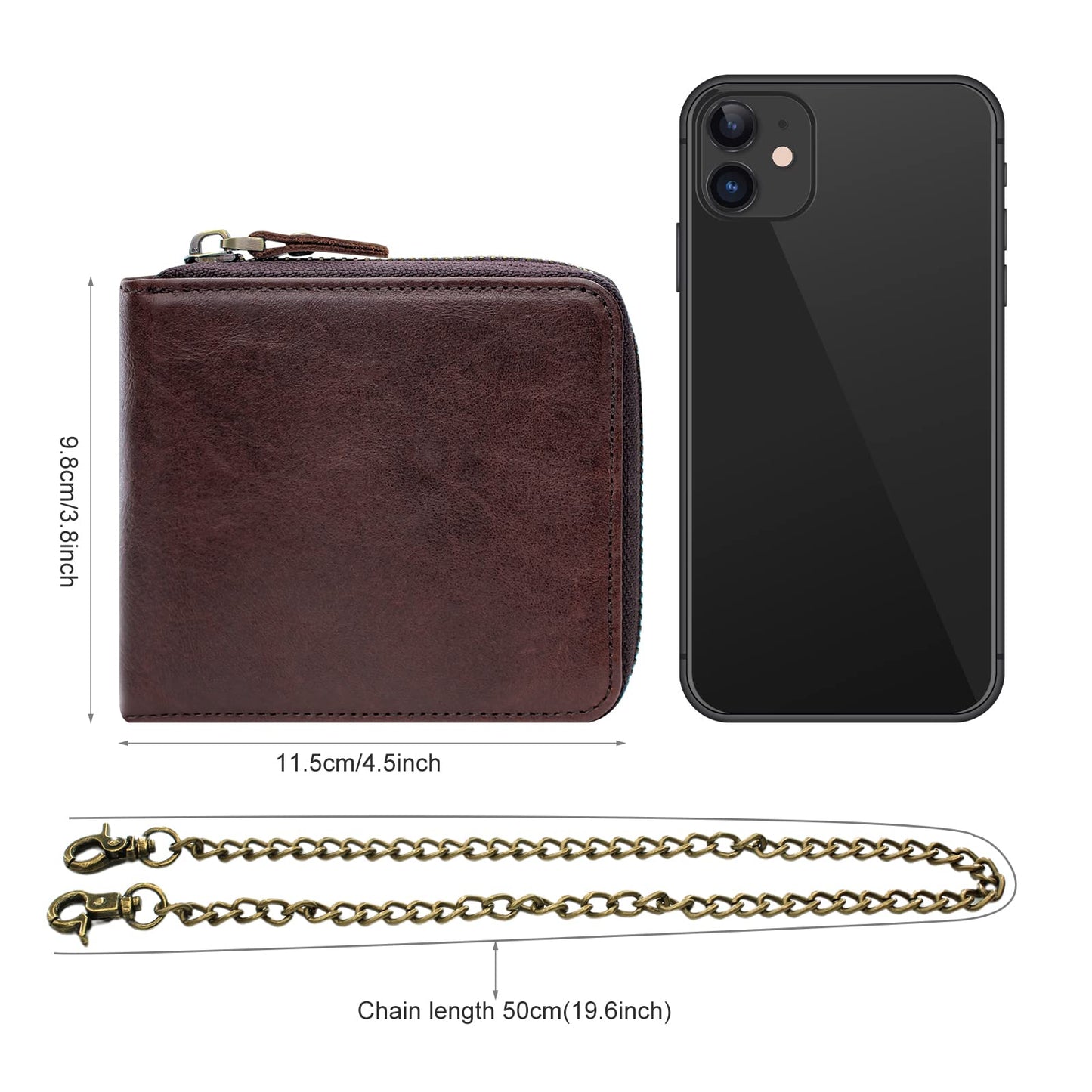 boshiho Real Leather RFID Blocking Bifold Wallets for Men Double Zipper Coin Pocket Purse with Anti-Theft Chain (Coffee 02)