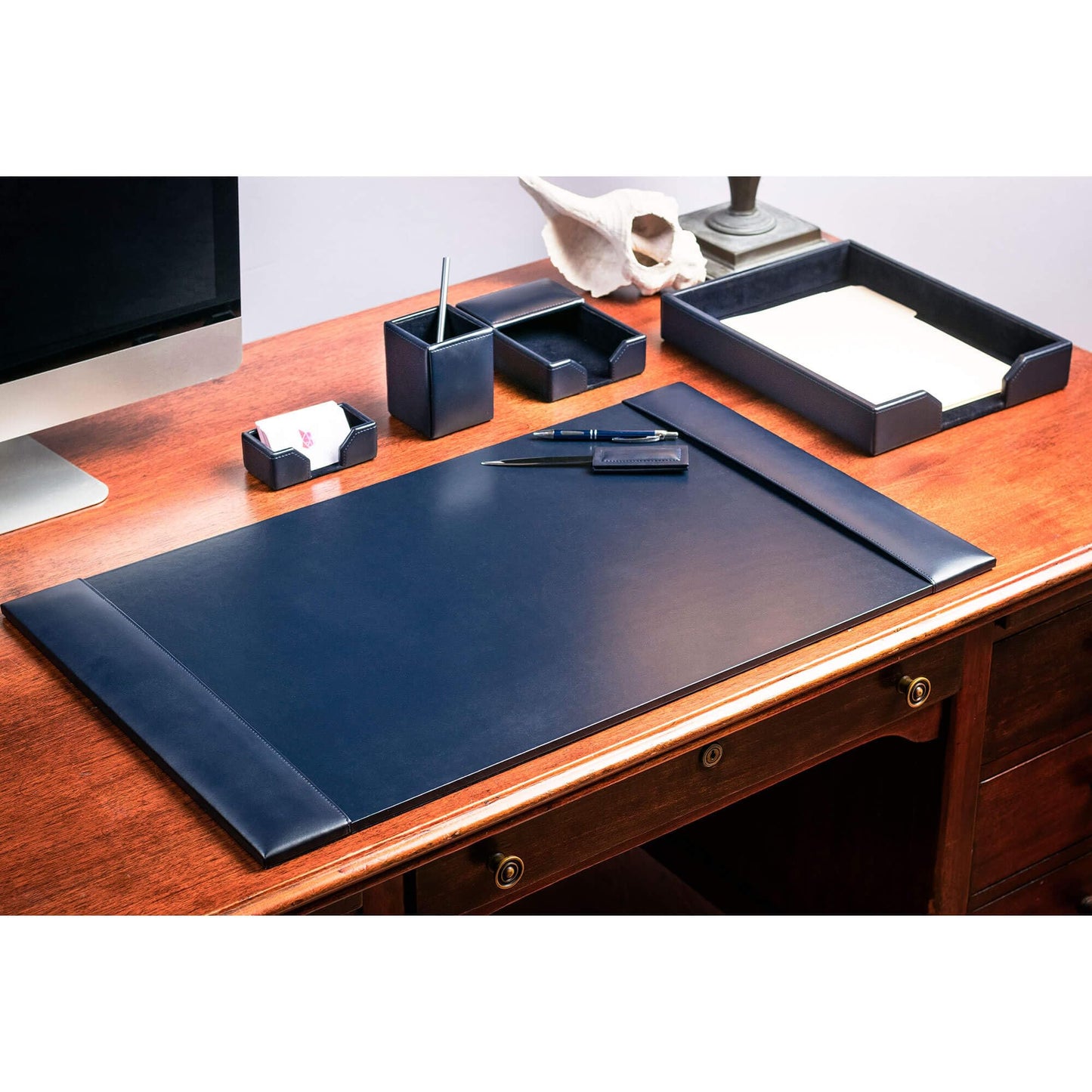 DACASSO Bonded Leather Desk Set - Luxury Leather Desk Pad & Desk Organization Essentials (Navy Blue, 6 Piece)