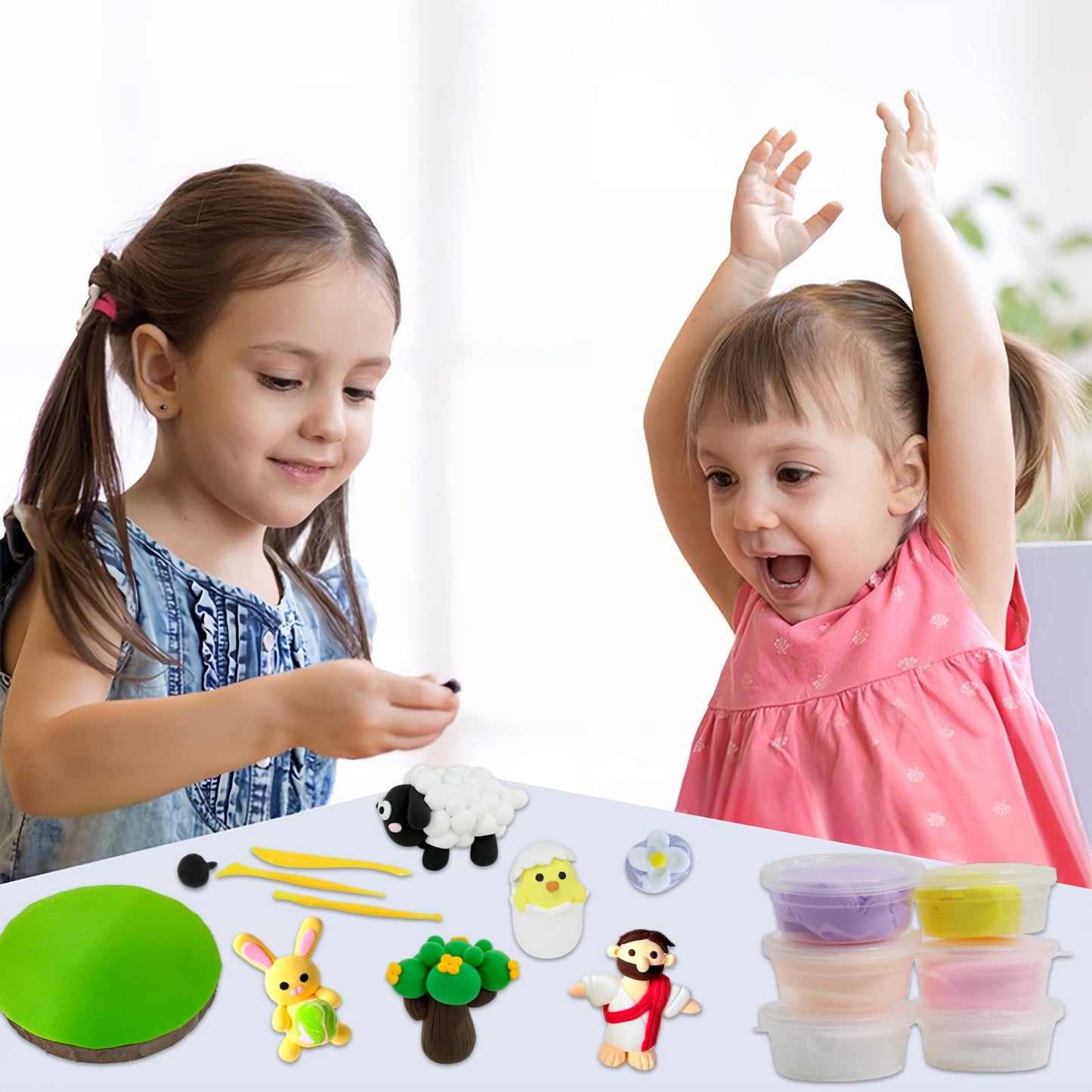 LAHAND Easter Air Dry Clay Kits for Kids,DIY Model Magic Clays,Jesus，Bunny，Eggs Craft DIY kit, This Clay Sets Can be Used as Easter Basket Stuffing or Classroom Party Favors