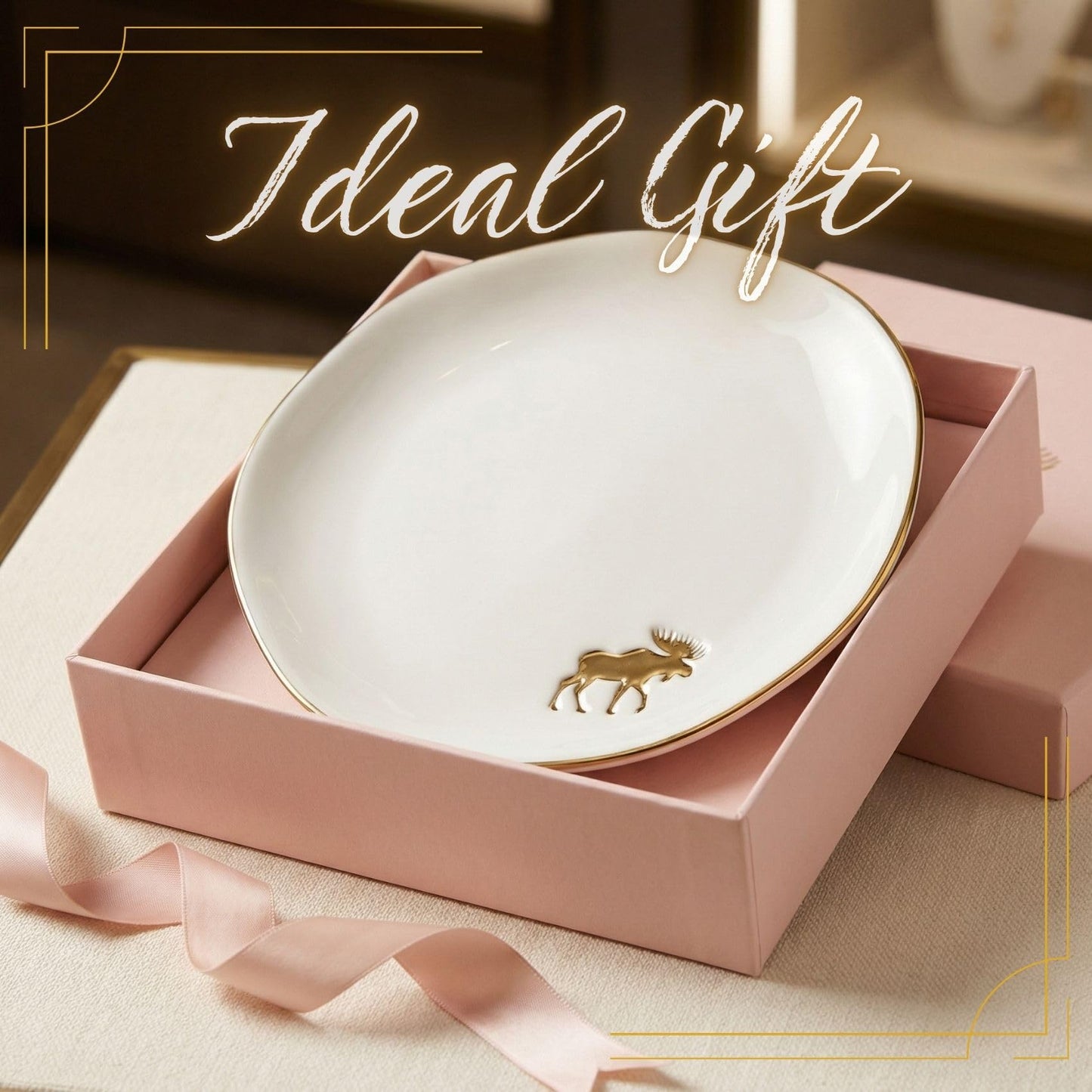 InnoBeta Moose Gifts for Women Girls, Gifts for Moose Lovers - 4.75" Handcrafted Ceramic Ring Dish with Gold Trim, Decorative Trinket Dish for Rings Earrings Necklaces