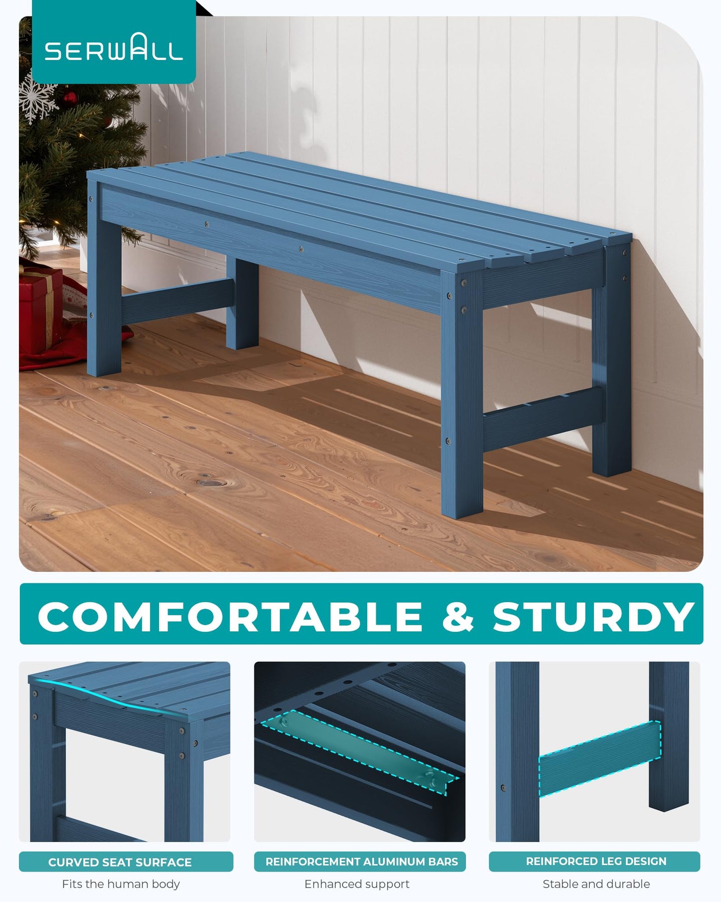 SERWALL 47 Inches Outdoor Bench, All Weather HDPE Backless Bench with Wood Grain Texture for Garden Porch and Park, Curved Bench Seat for Comfort, Blue