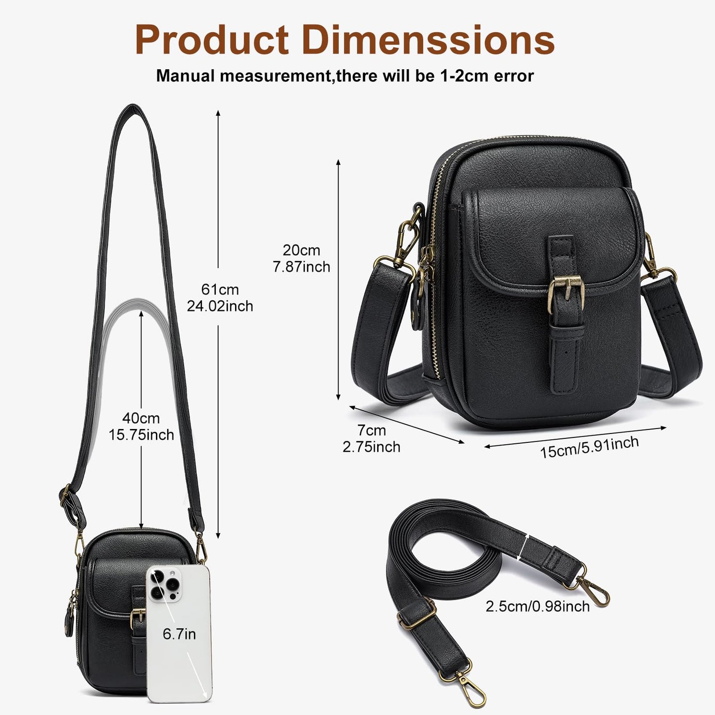 UBORSE Small Crossbody Bags for Women,Soft Vegan Leather Crossbody Handbag Adjustable Strap Travel Purse with Card Slots（Black S+leather strap）