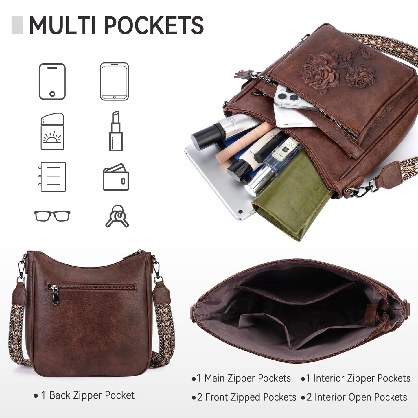 VIMUTI Crossbody Bags for Women Trendy Vegan Leather Hobo Purses for Women Embossed Flower Shoulder Handbags Bucket Bag (03-Coffee)