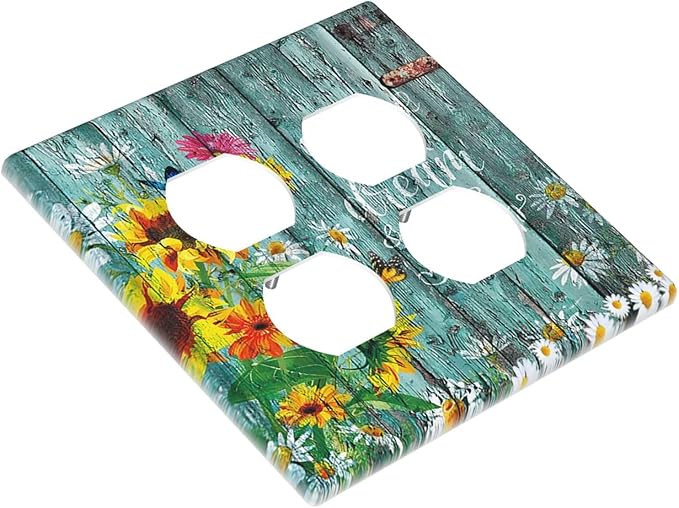 Decorative Light Switch Cover Plate Rustic Vintage Wood Planks Sunflower Butterfly 2 Gang Socket Covers Double Duplex Wallplates Switch Plates and Outlet Covers for Bathroom Home Decor